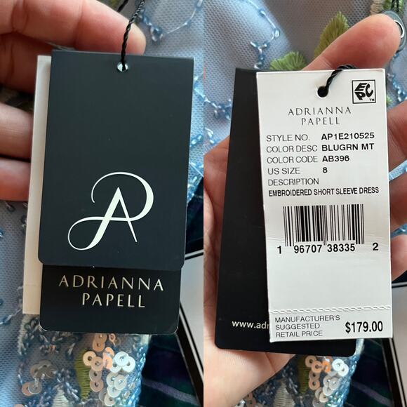 ADRIANNA PAPELL Sheath Cocktail Dress Blue Embellished Sequins Short Sleeves 8 - Picture 8 of 12